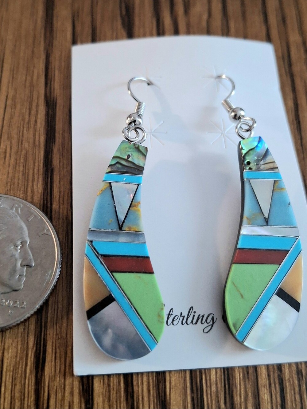 Southwestern Zuni Style Inlay Dangle Earrings Sterling Silver - Picture 5 of 5